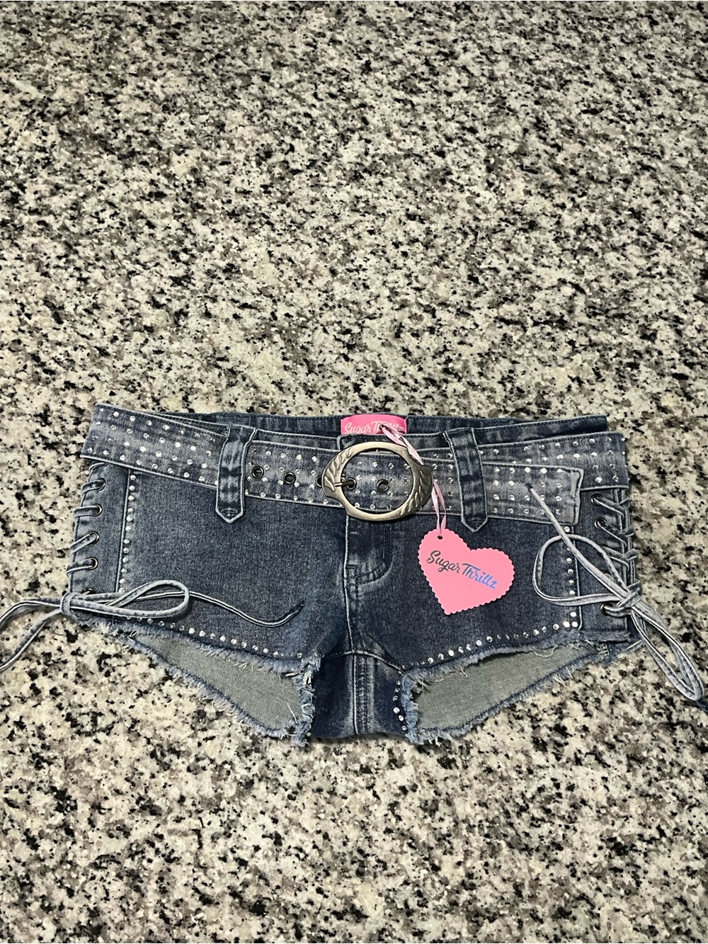 Sugar Thrillz Studded Dark Denim Lace-Up Micro Shorts with Belt
